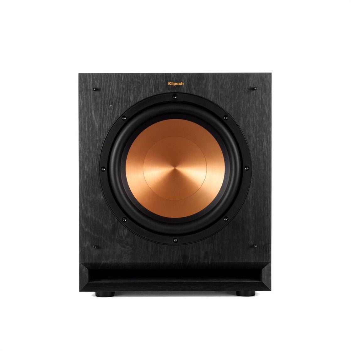 Klipsch subwoofer with black exterior and copper interior on a white background