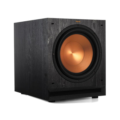 Black subwoofer with a gold center on a white background