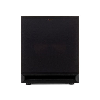 Black subwoofer with brand logo on a white background