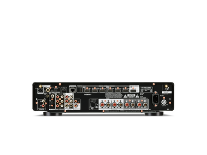 Back view of an audio equipment unit with various ports and labels on a white background