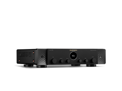 Black audio amplifier with brand logo on a white background