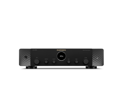 Black audio amplifier with 'marantz' branding on a white background