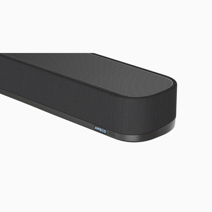 Black soundbar with AMI logo on a white background