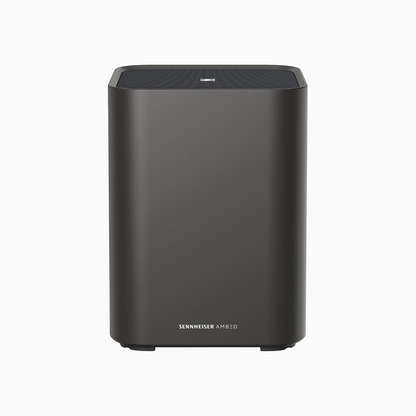 Black Sennheiser AMBEO speaker on a white background