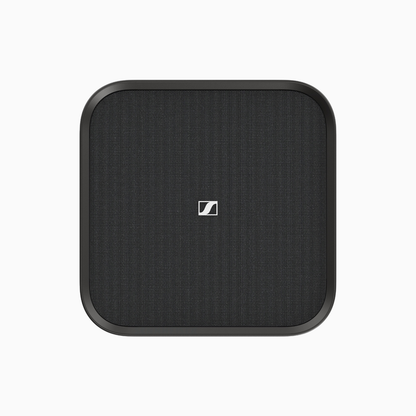 Black square speaker with Sennheiser logo on a white background