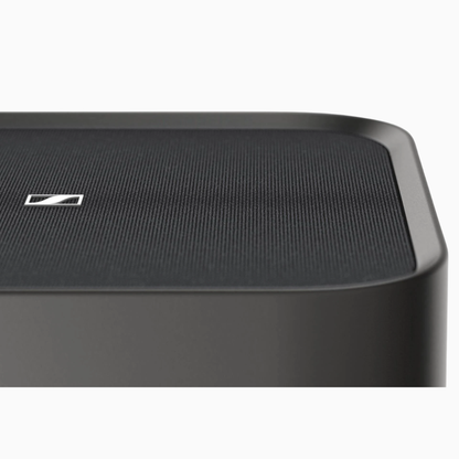 Black speaker with Sennheiser logo on a white background
