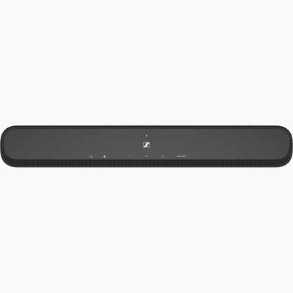Black soundbar with Sennheiser logo on a white background