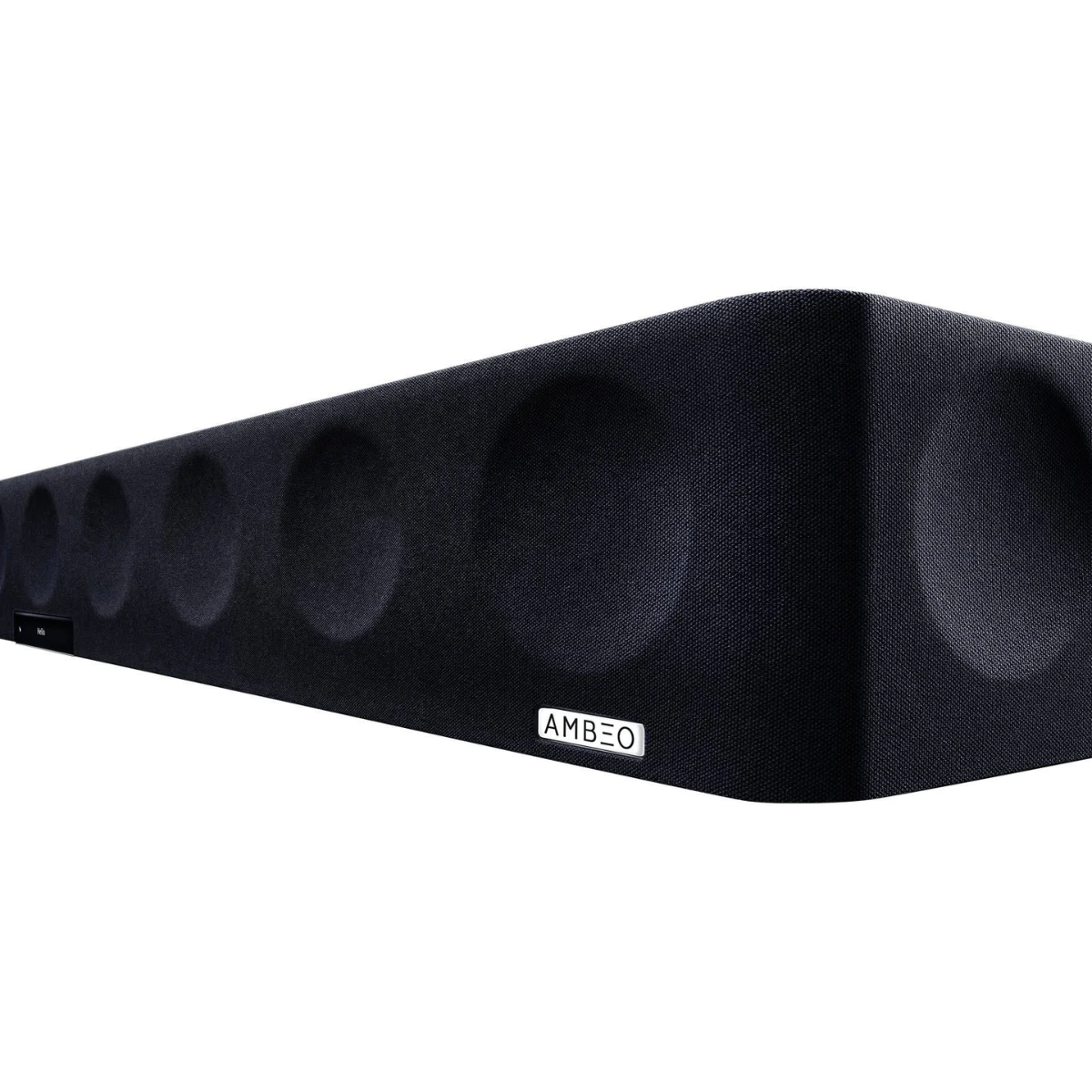 Black soundbar with 'AMBEO' branding on a white background