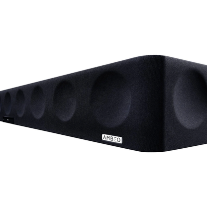 Black soundbar with 'AMBEO' branding on a white background