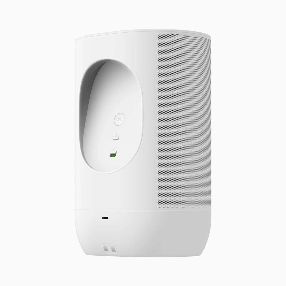 White electronic device with a speaker grille on a white background