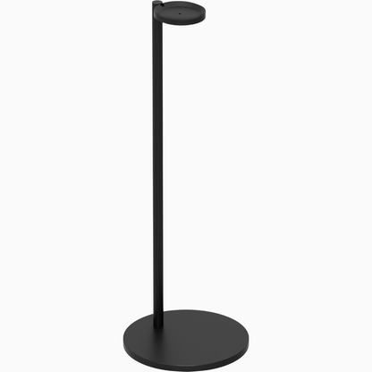 Black stand with round base and cylindrical top on a white background