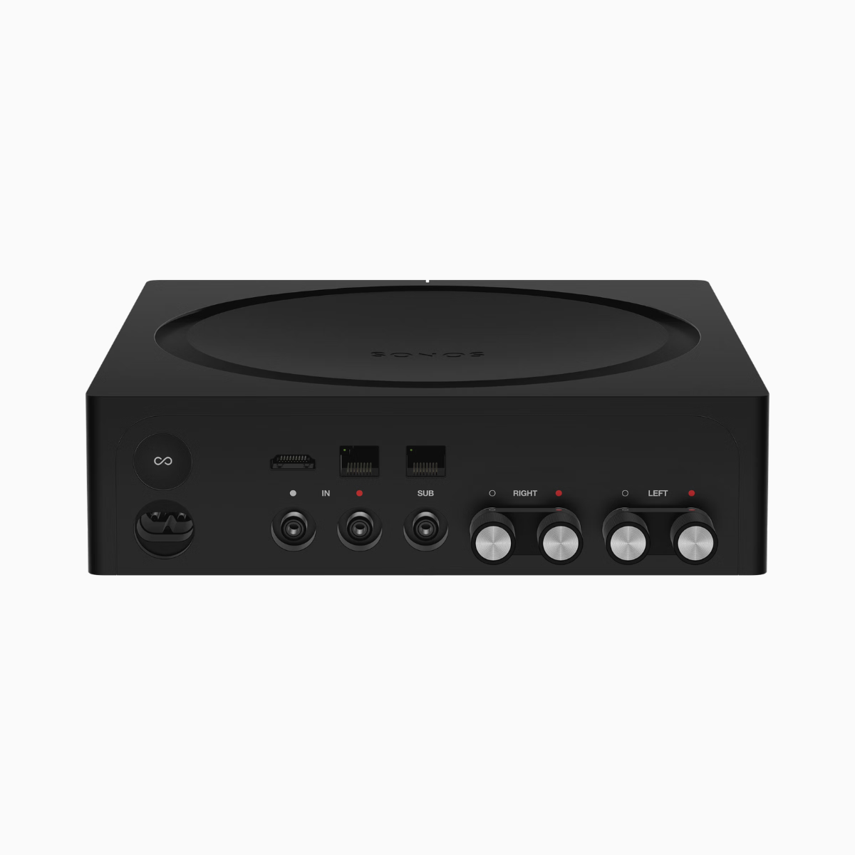 Sonos amplifier device with control buttons on a white background