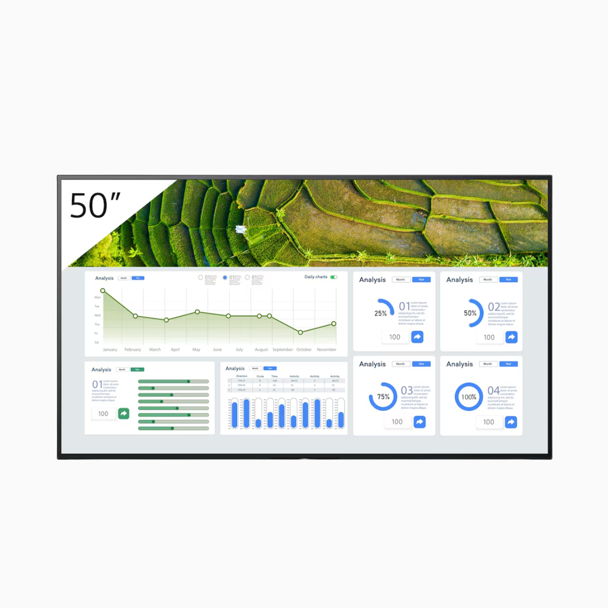 50-inch digital display with green landscape and graphs on a white background