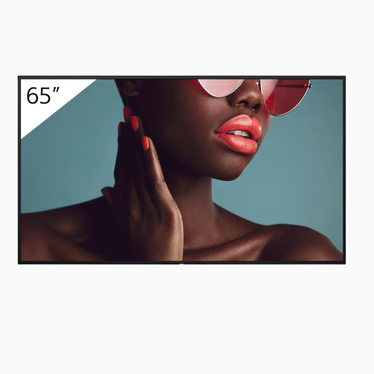 Woman wearing sunglasses with a 65-inch TV screen in the foreground