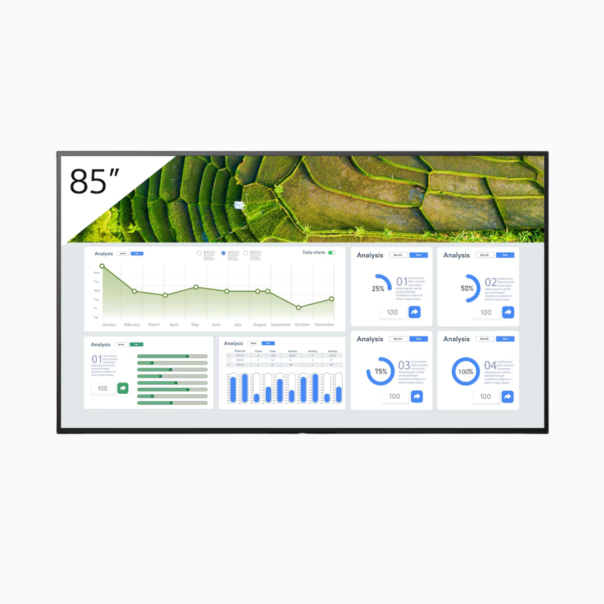 Large screen displaying a landscape with greenery and analytics dashboard on a white background