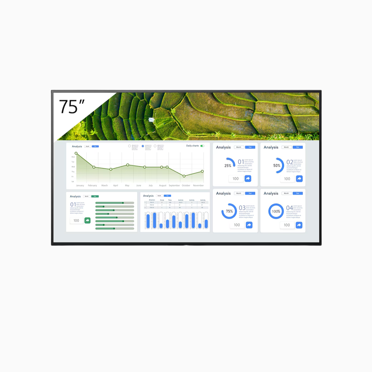 75-inch display with agricultural field and dashboard interface on a white background