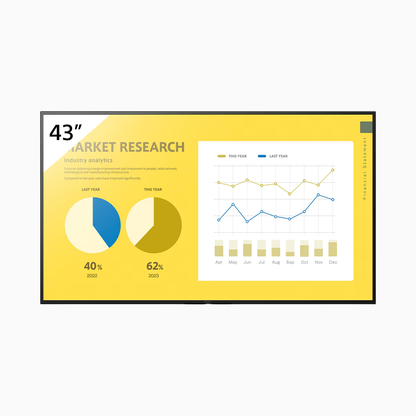 Yellow digital display with market research graphics on a white background