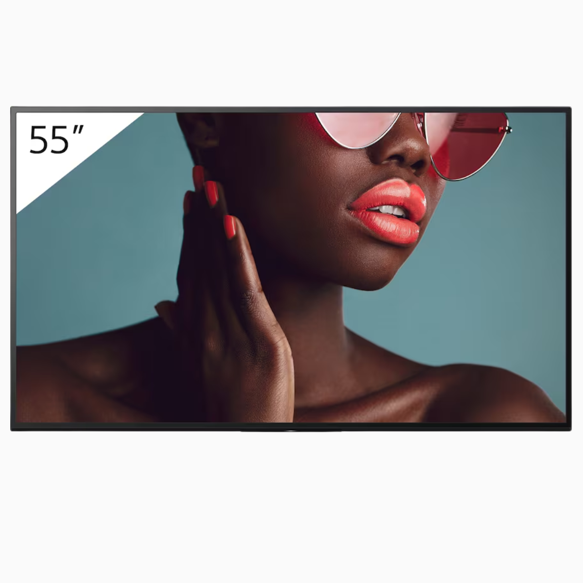 Woman wearing sunglasses with a 55-inch TV screen displaying her face.