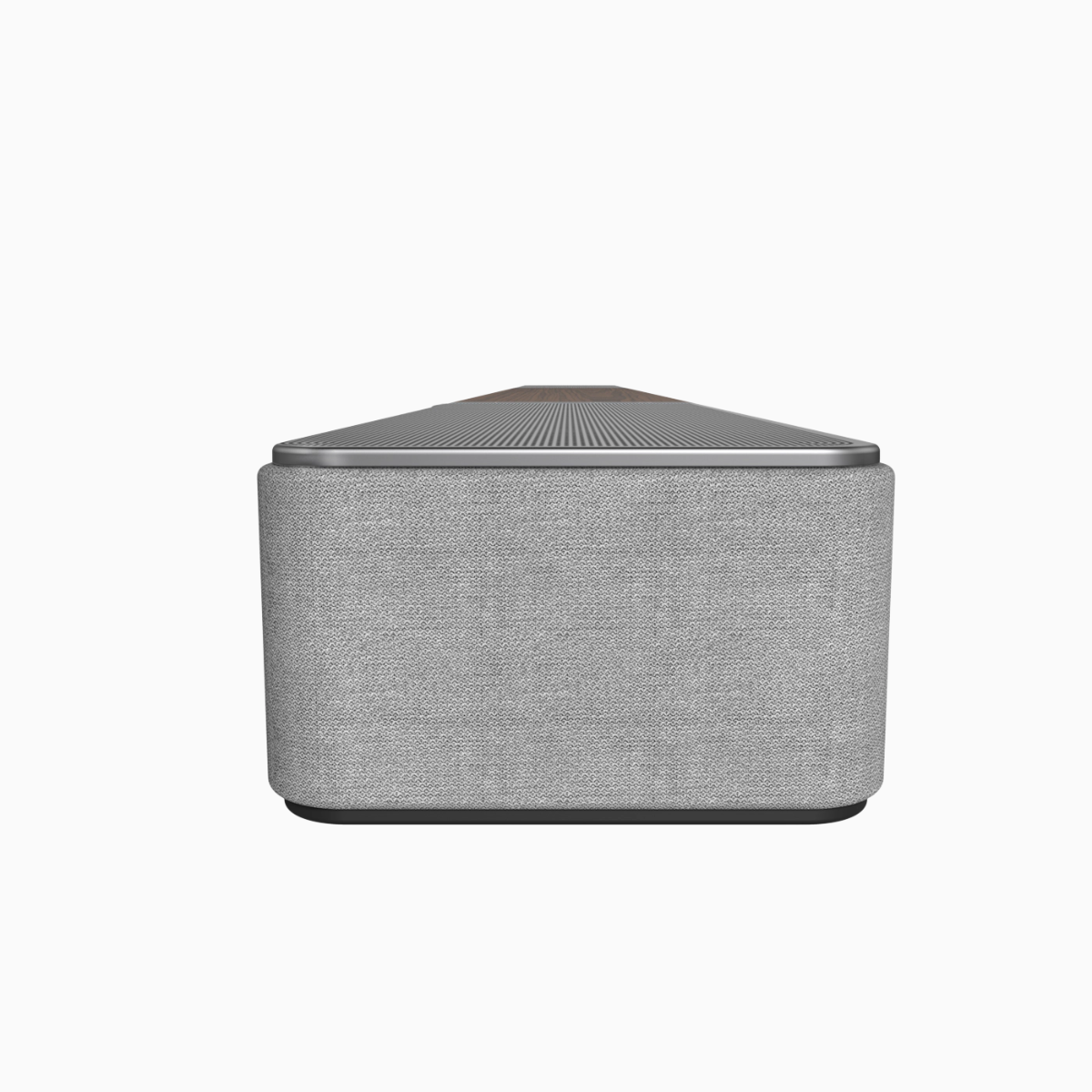 Gray rectangular speaker with textured finish on a white background
