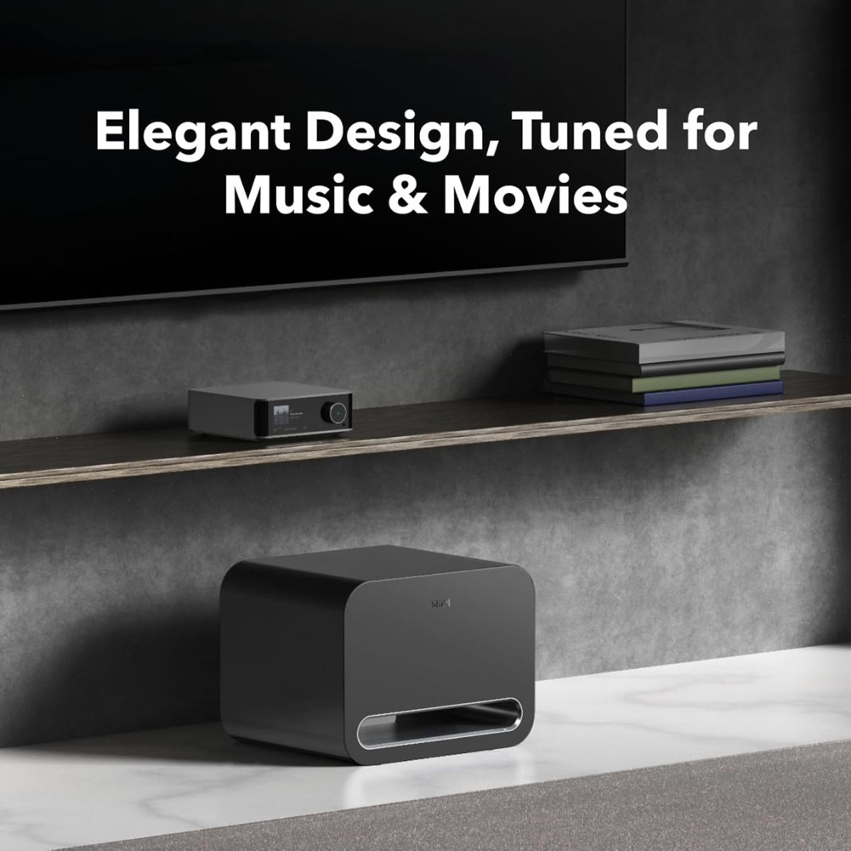 Black home theater speaker system on a shelf with text 'Elegant Design, Tuned for Music & Movies' above.