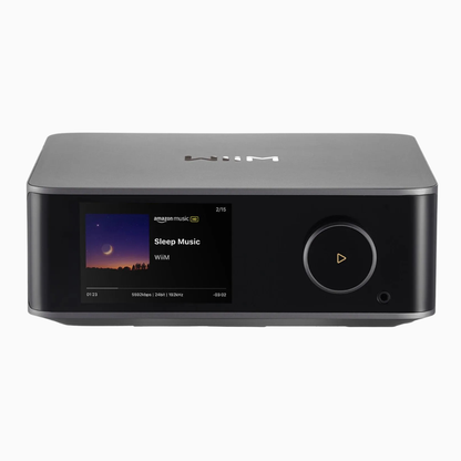 Black electronic device with a display and control button on a white background