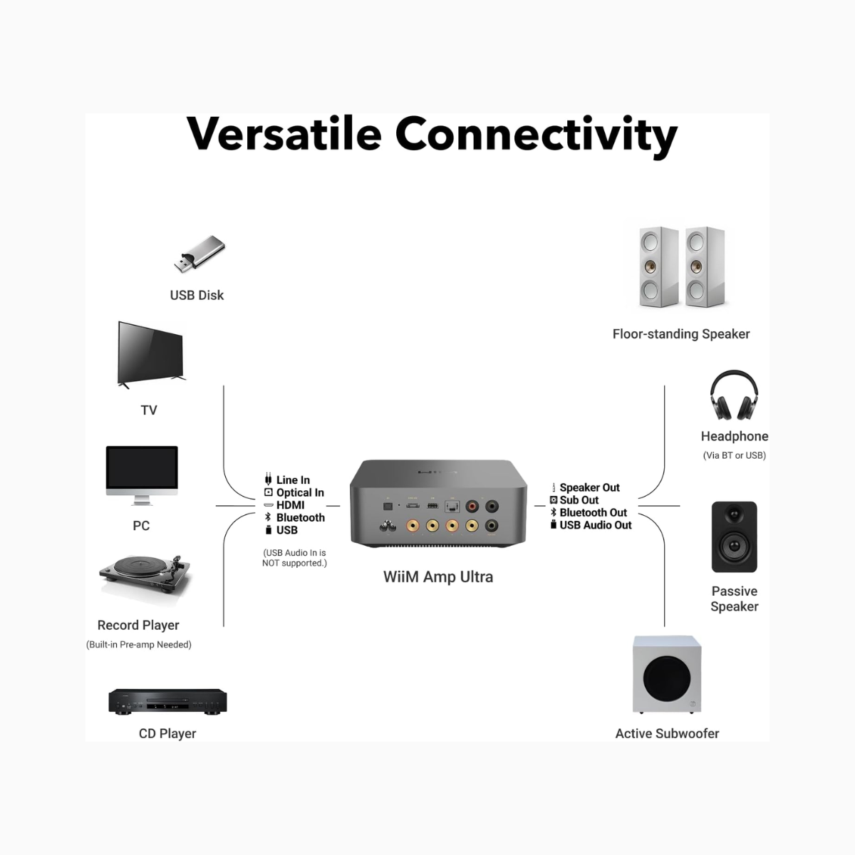 Diagram of a WiiM Amp Ultra device with connectivity options on a white background