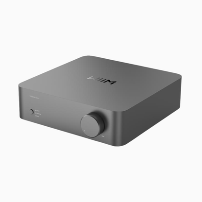Gray electronic device with a brand logo on a white background