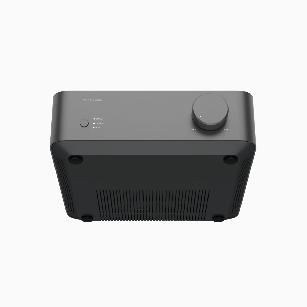 Black electronic device with a circular knob on a white background