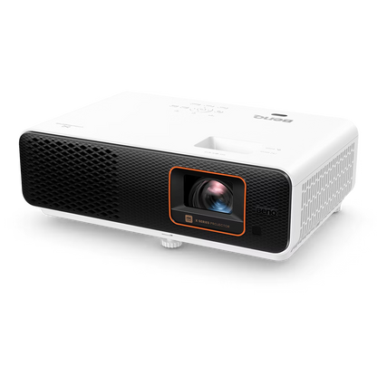 White projector with black accents on a white background