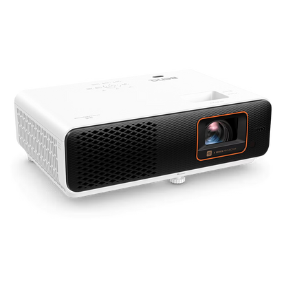 White projector with black front panel on a white background