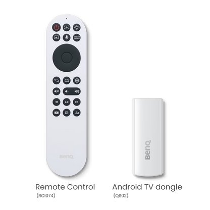 BenQ remote control and Android TV dongle on a white background