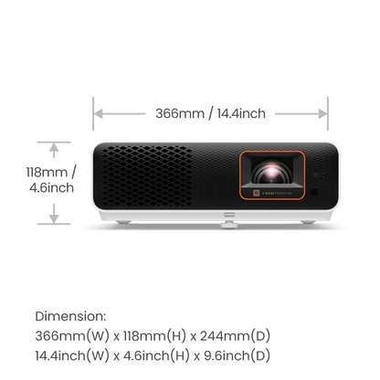 Projector with specifications on a white background