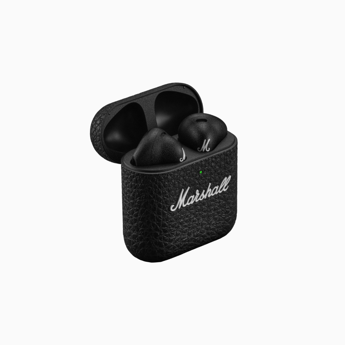 Black Marshall wireless earbuds in charging case on a white background