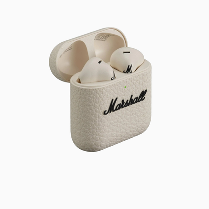 Beige wireless earbuds in a case with 'Marshall' branding on a white background