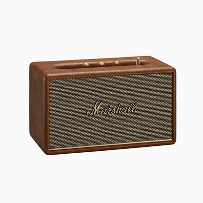 Marshall speaker with wooden finish on a white background