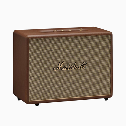 Marshall speaker with brown leather finish on a white background