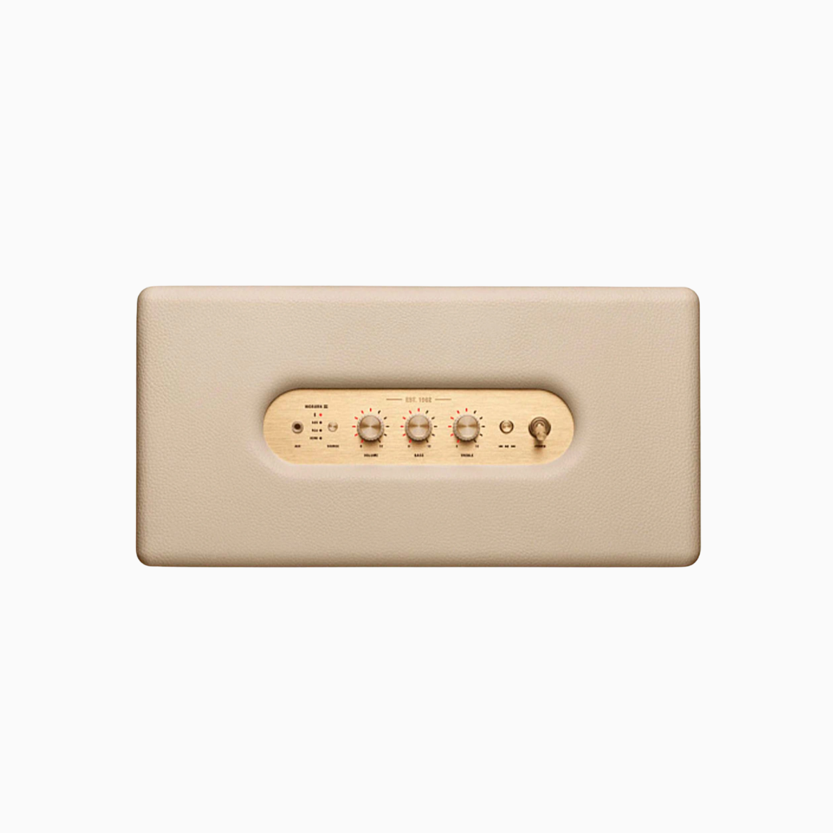 Beige wall-mounted control panel with gold accents on a white background