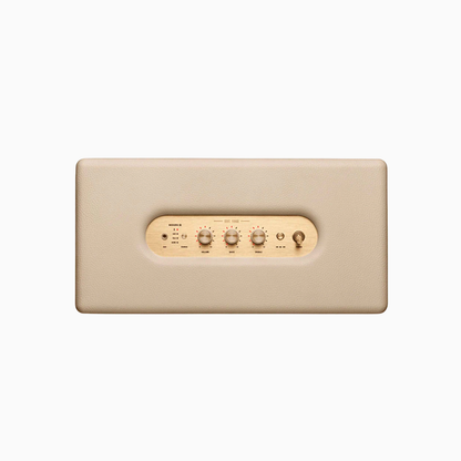 Beige wall-mounted control panel with gold accents on a white background