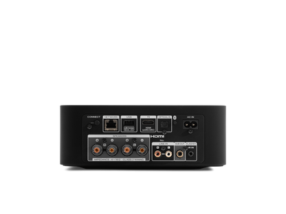 Back view of a black electronic device with connectivity ports on a white background