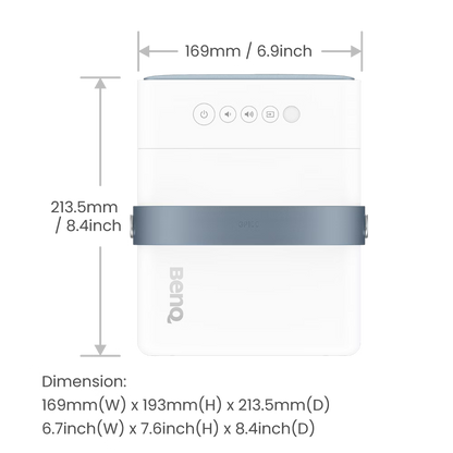 BenQ monitor with dimensions displayed on a white background