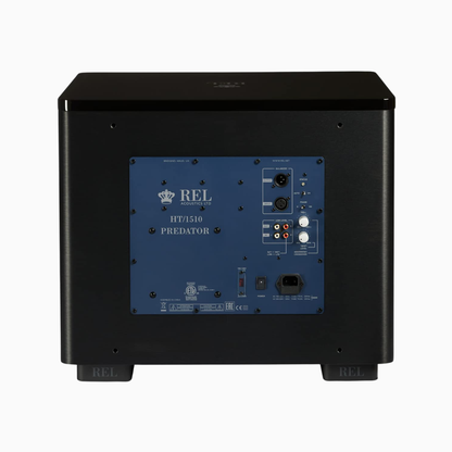 Back view of a black audio subwoofer with blue label on a white background