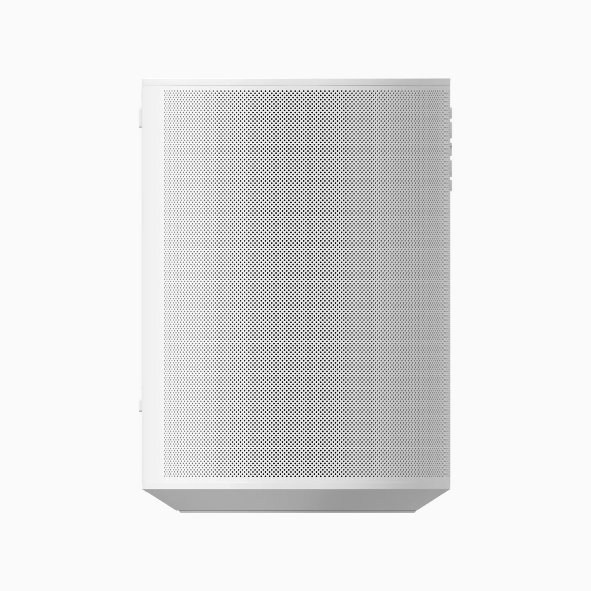 White speaker with perforated design on a white background