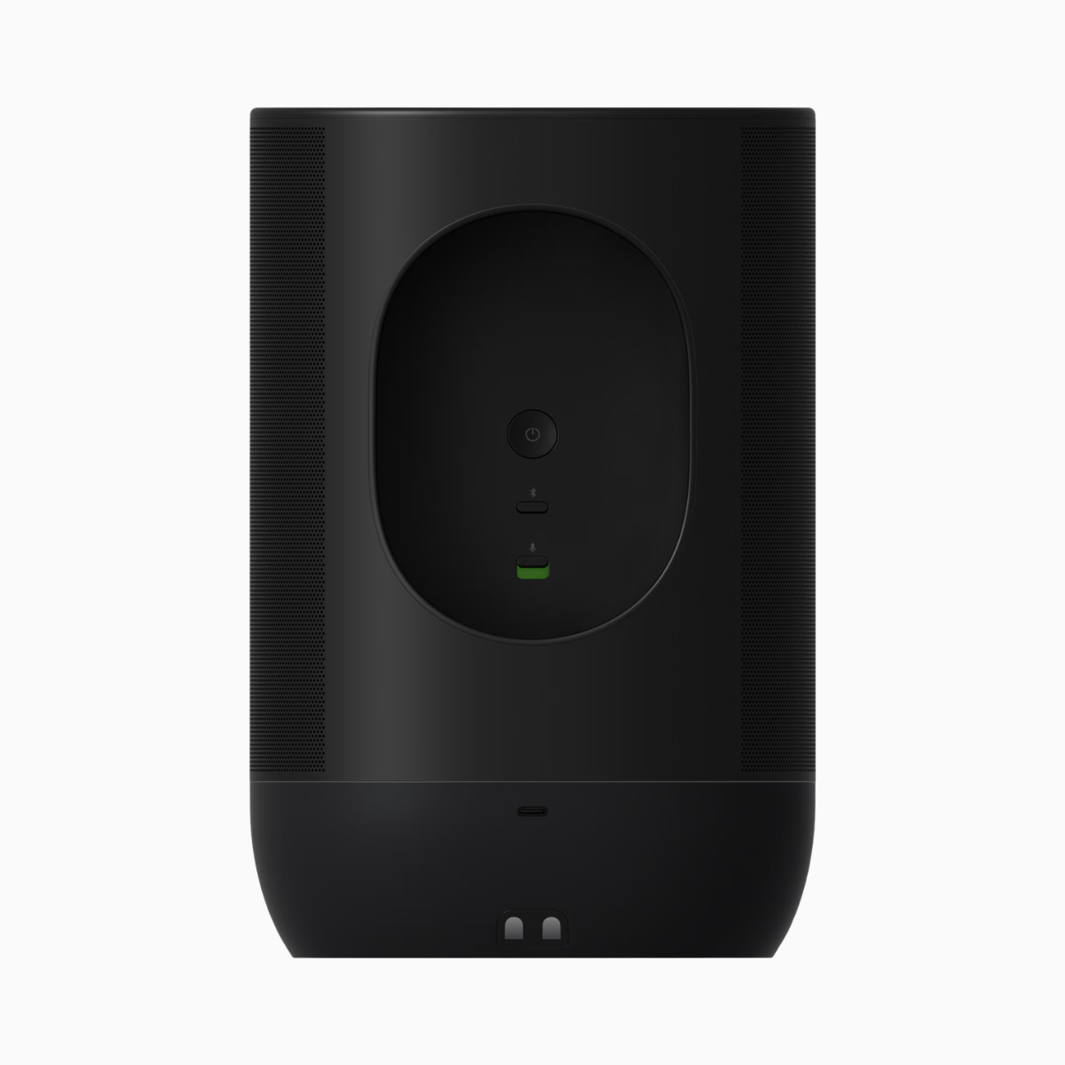 Black electronic device with a circular opening on a white background