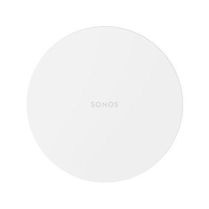 Round white Sonos device on a white background