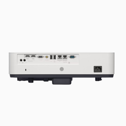 Back view of a white projector on a white background