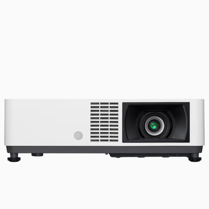 White projector with black accents on a white background