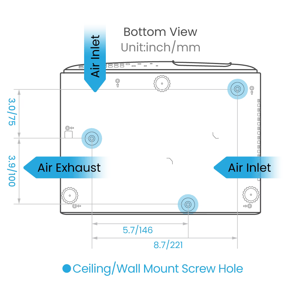 Diagram of a ceiling-mounted air conditioning unit with labeled parts on a white background.