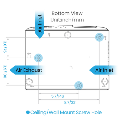Diagram of a ceiling-mounted air conditioning unit with labeled parts on a white background.