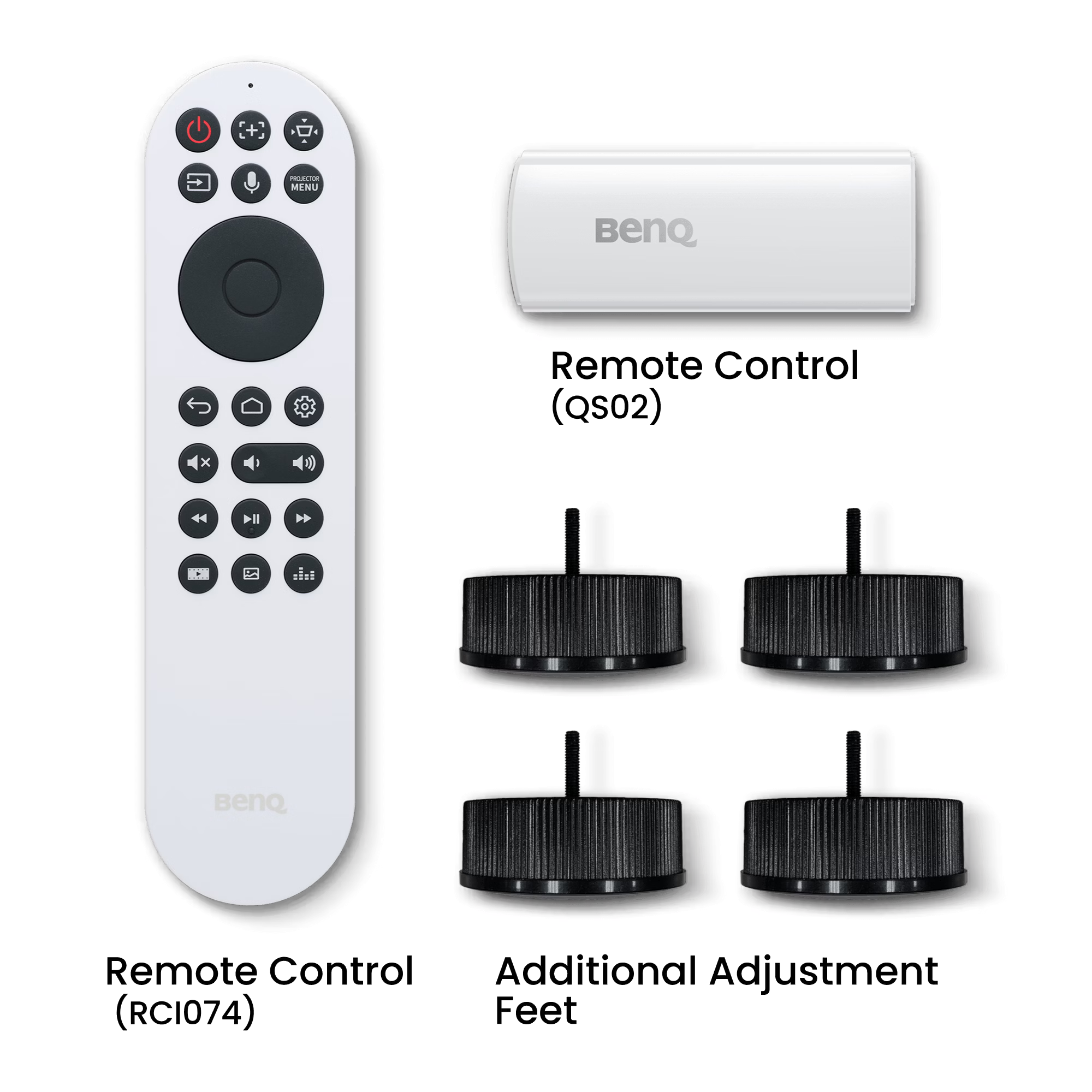 BenQ remote control and lens caps on a white background