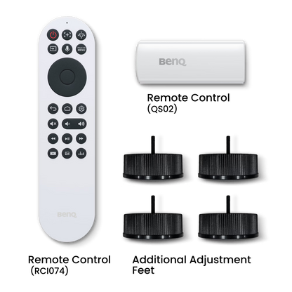 BenQ remote control and lens caps on a white background